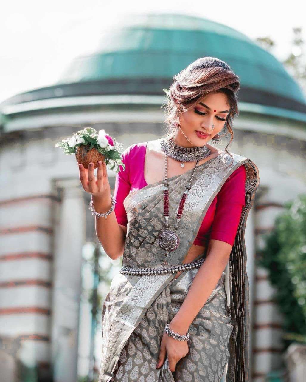 Delightful Grey Soft Silk Saree With Groovy Blouse Piece