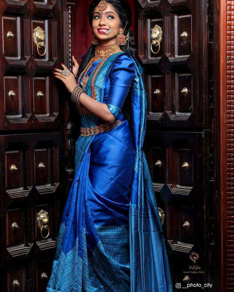 Handsome Blue Soft Silk Saree With Ethnic Blouse Piece