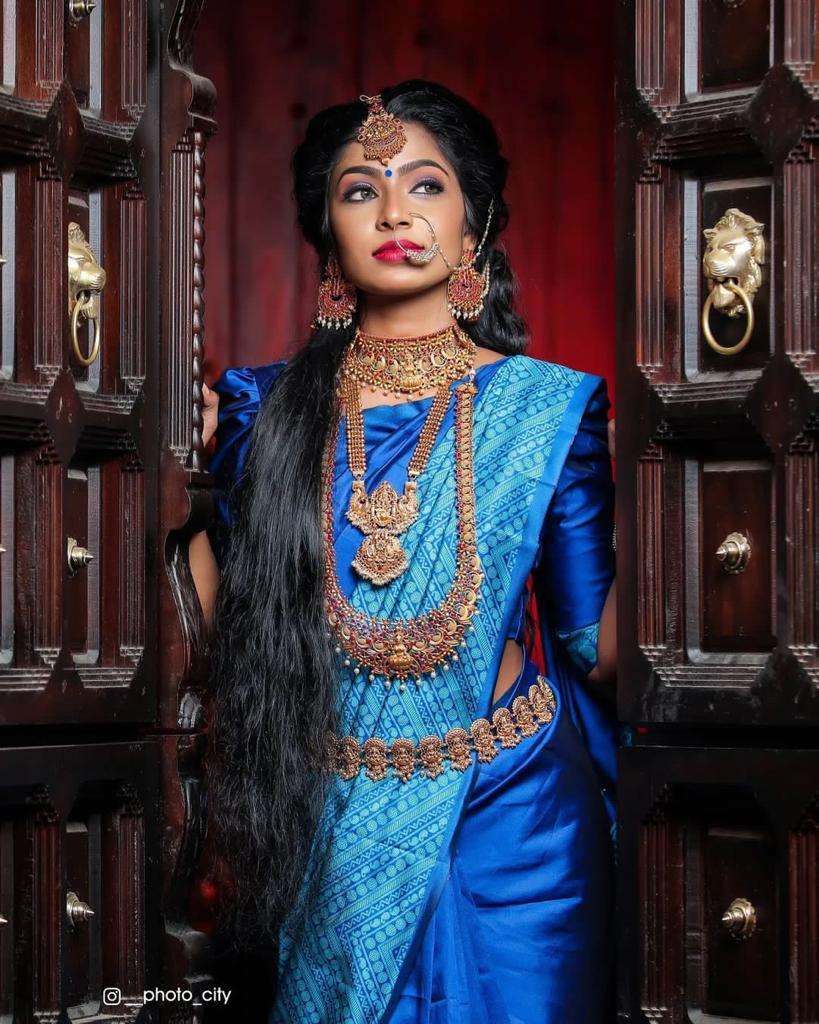 Handsome Blue Soft Silk Saree With Ethnic Blouse Piece