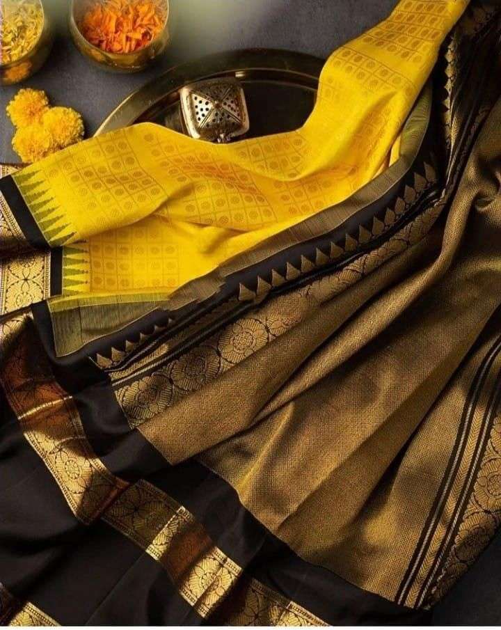 Lovely Yellow Banarasi Silk Saree With Gorgeous Blouse Piece