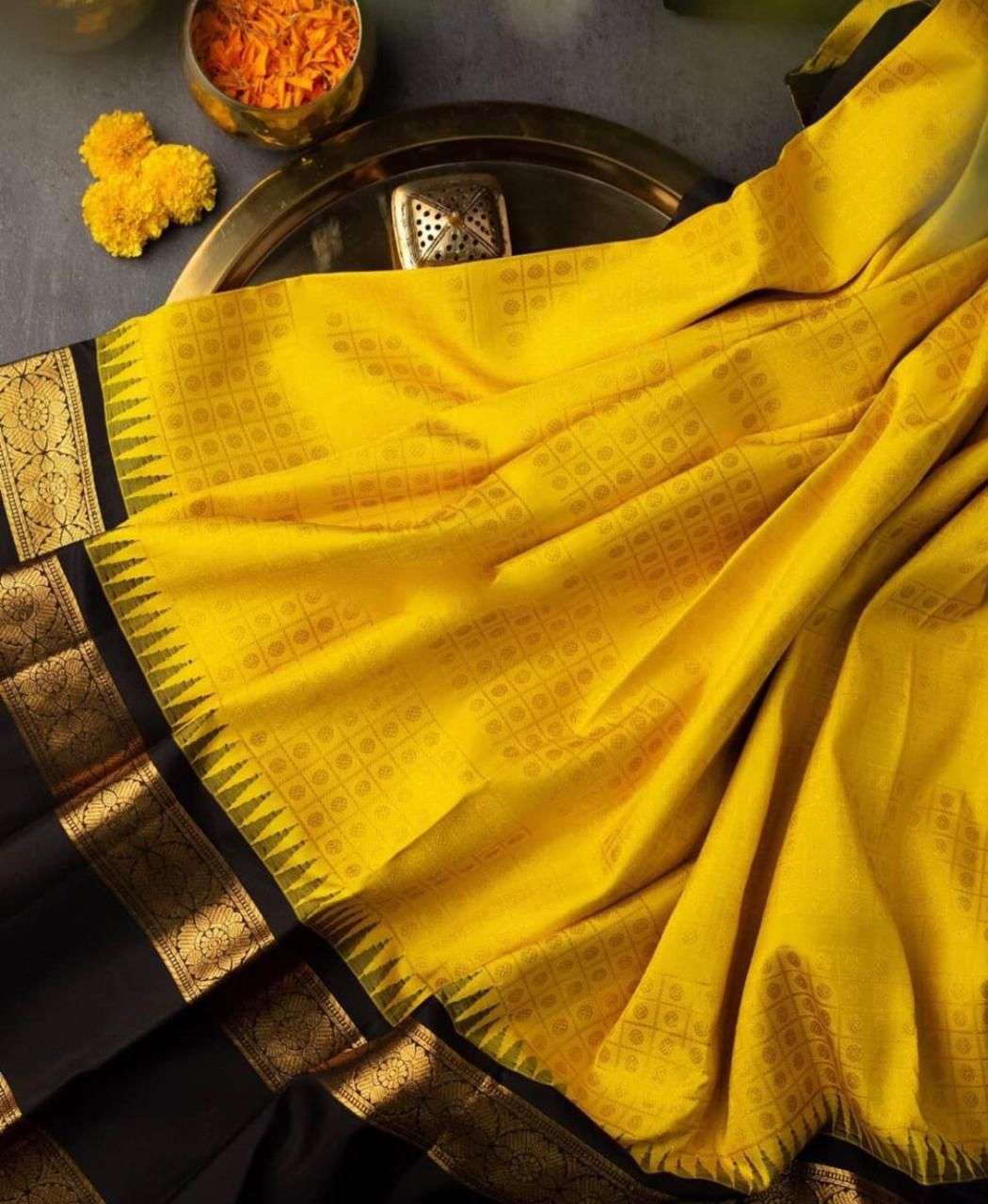 Lovely Yellow Banarasi Silk Saree With Gorgeous Blouse Piece