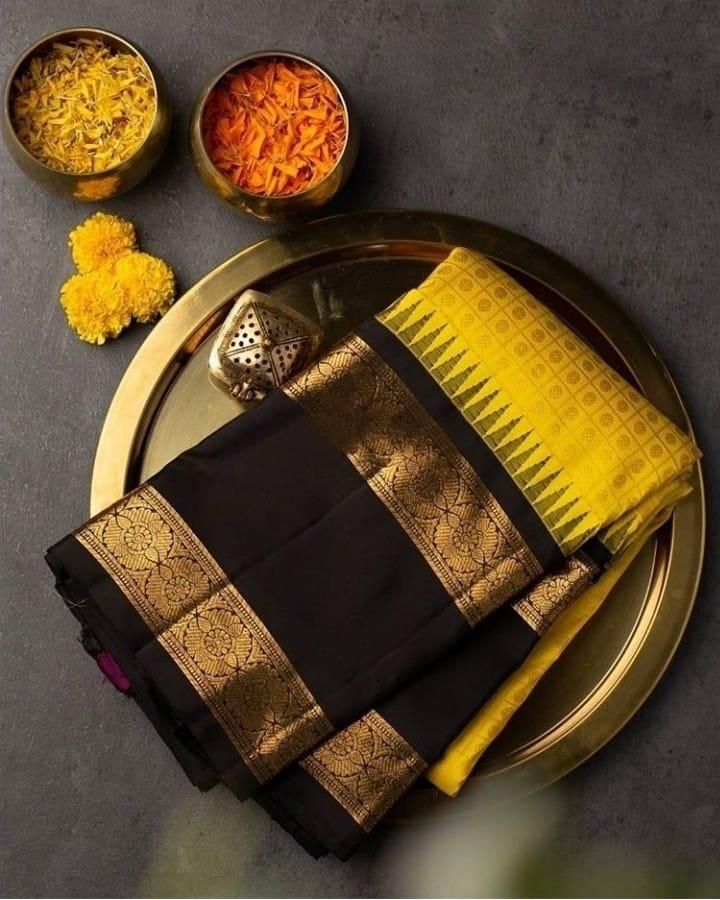 Lovely Yellow Banarasi Silk Saree With Gorgeous Blouse Piece