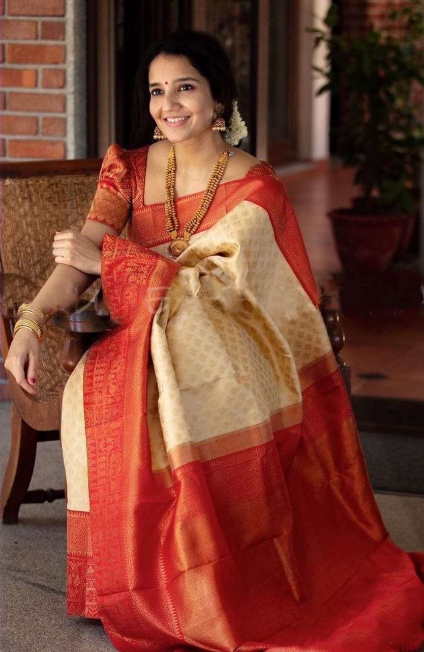 Trendy Beige Banarasi Silk Saree With Enchanting Blouse Piece