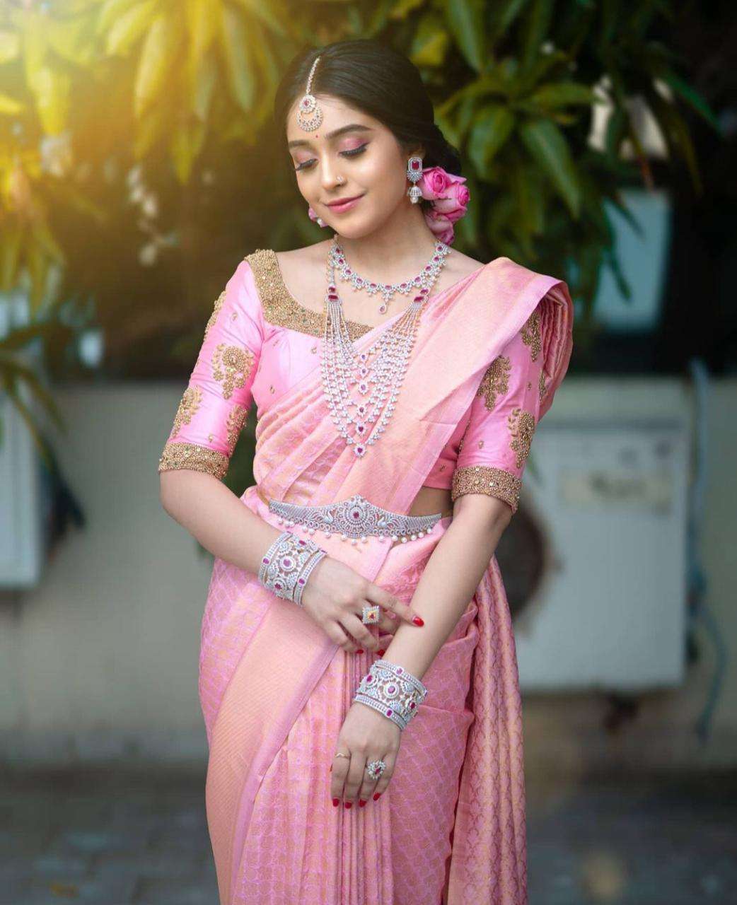 Innovative Pink Banarasi Silk Saree With Dazzling Blouse Piece