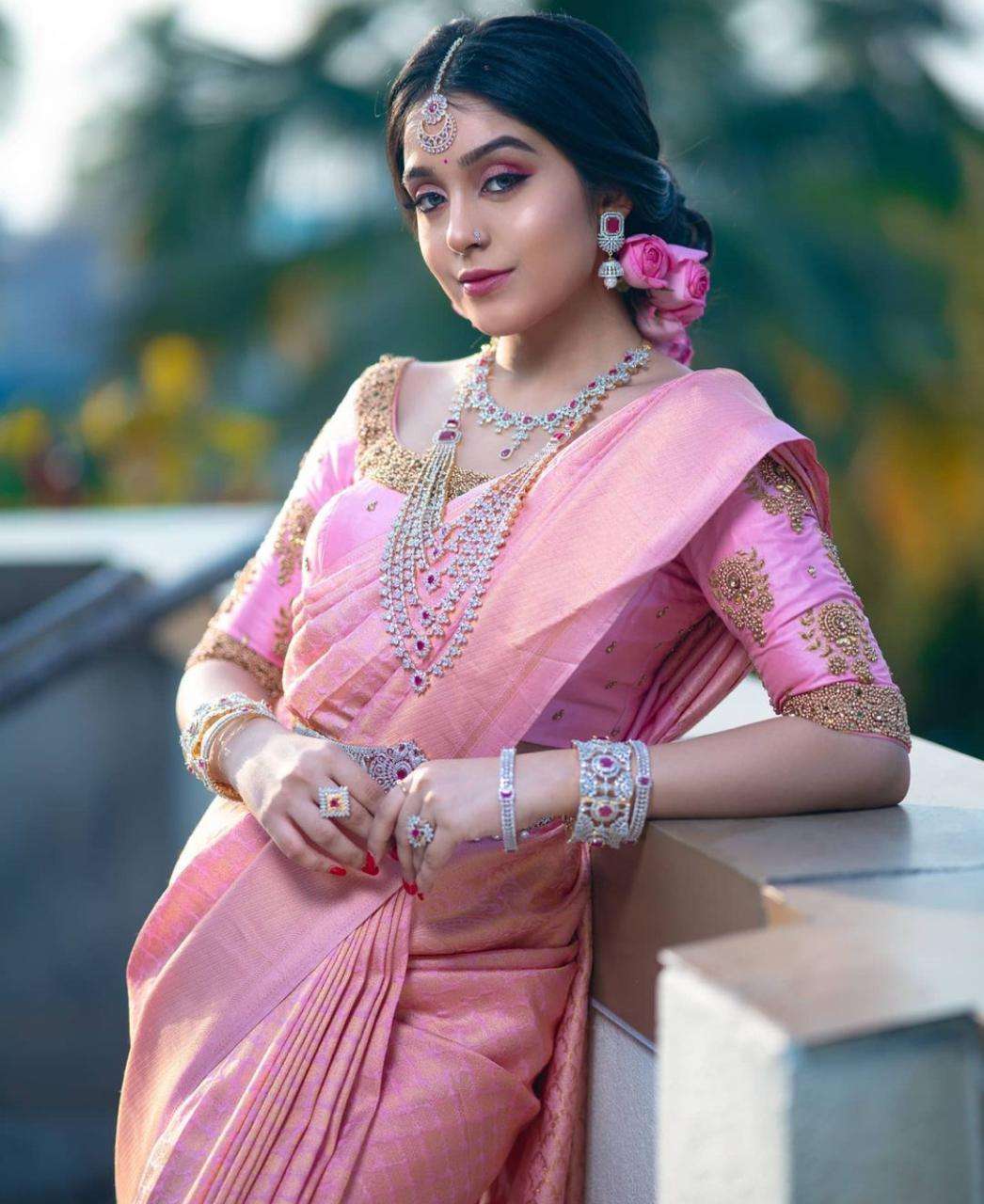 Innovative Pink Banarasi Silk Saree With Dazzling Blouse Piece