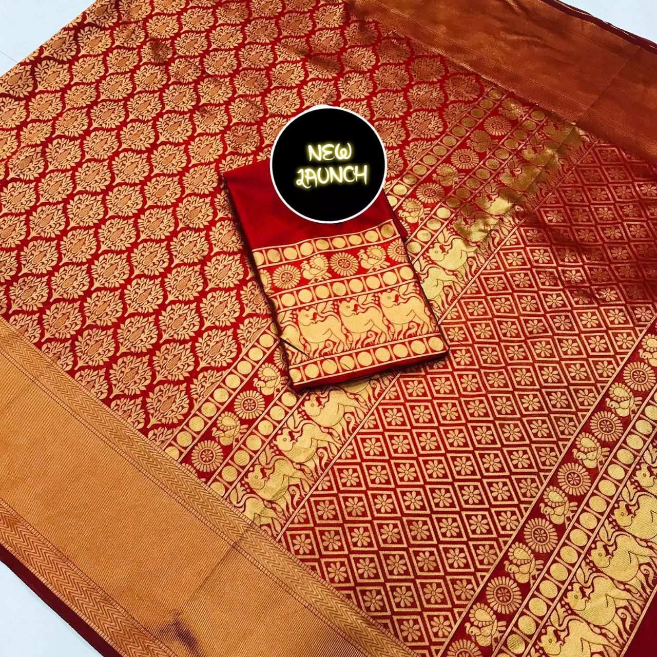 Marvelous Red Kanjivaram Silk Saree With Elegant Blouse Piece