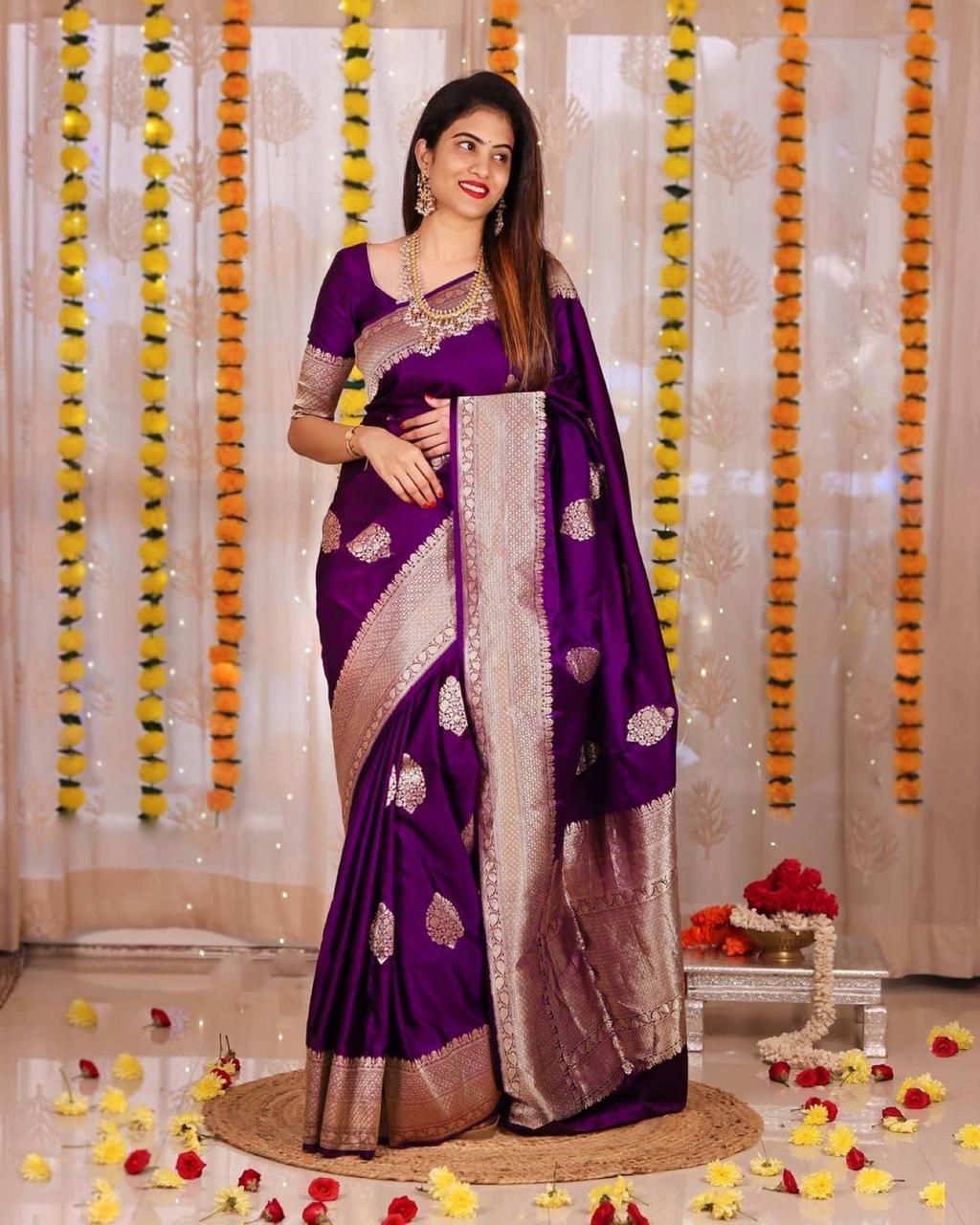 Vestigial Purple Banarasi Silk Saree With Angelic Blouse Piece