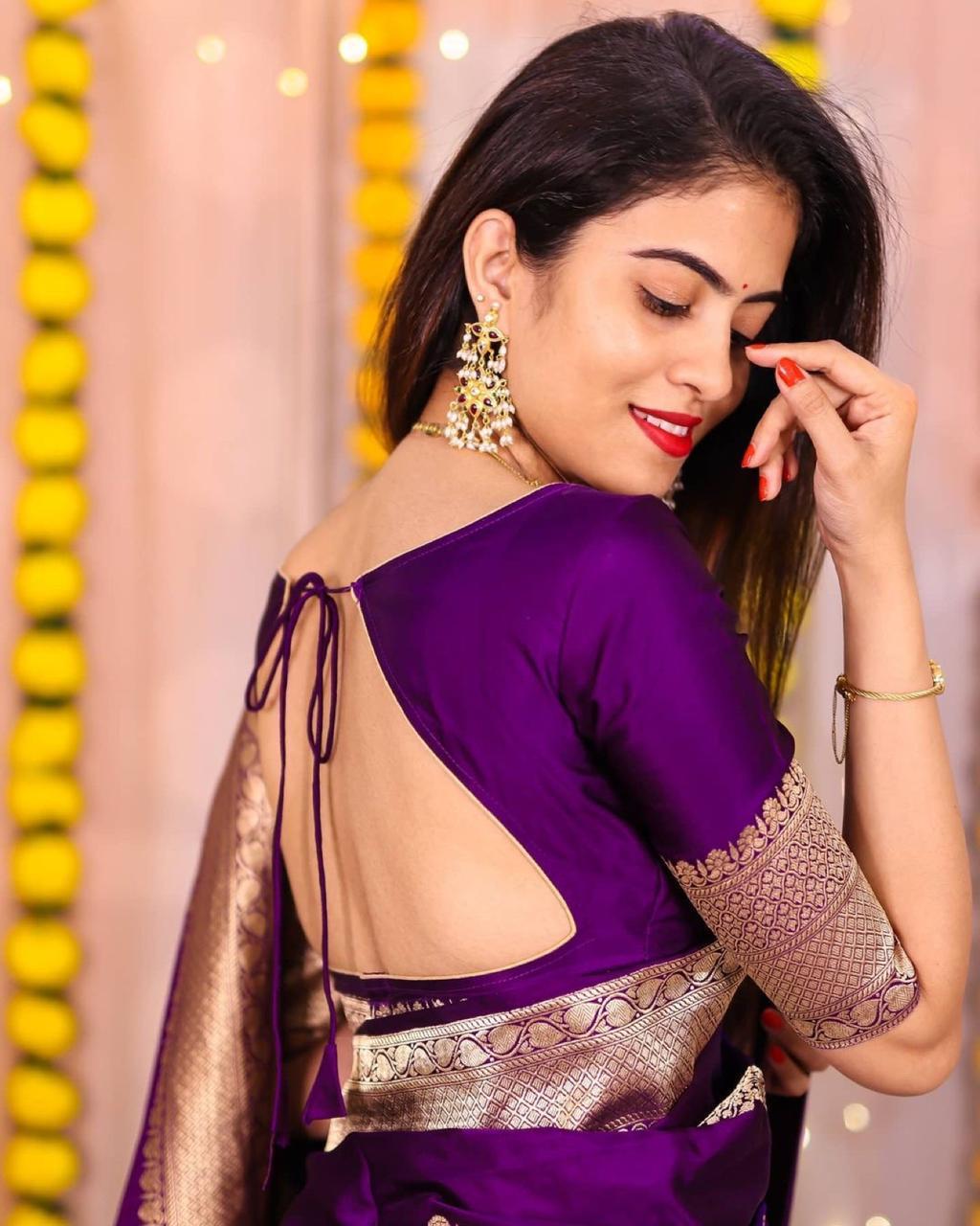 Vestigial Purple Banarasi Silk Saree With Angelic Blouse Piece