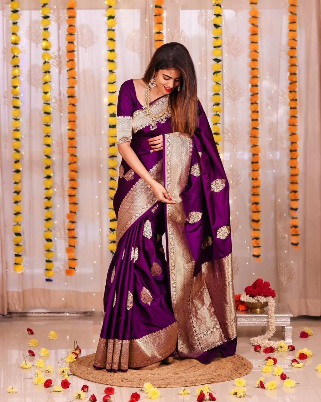 Vestigial Purple Banarasi Silk Saree With Angelic Blouse Piece
