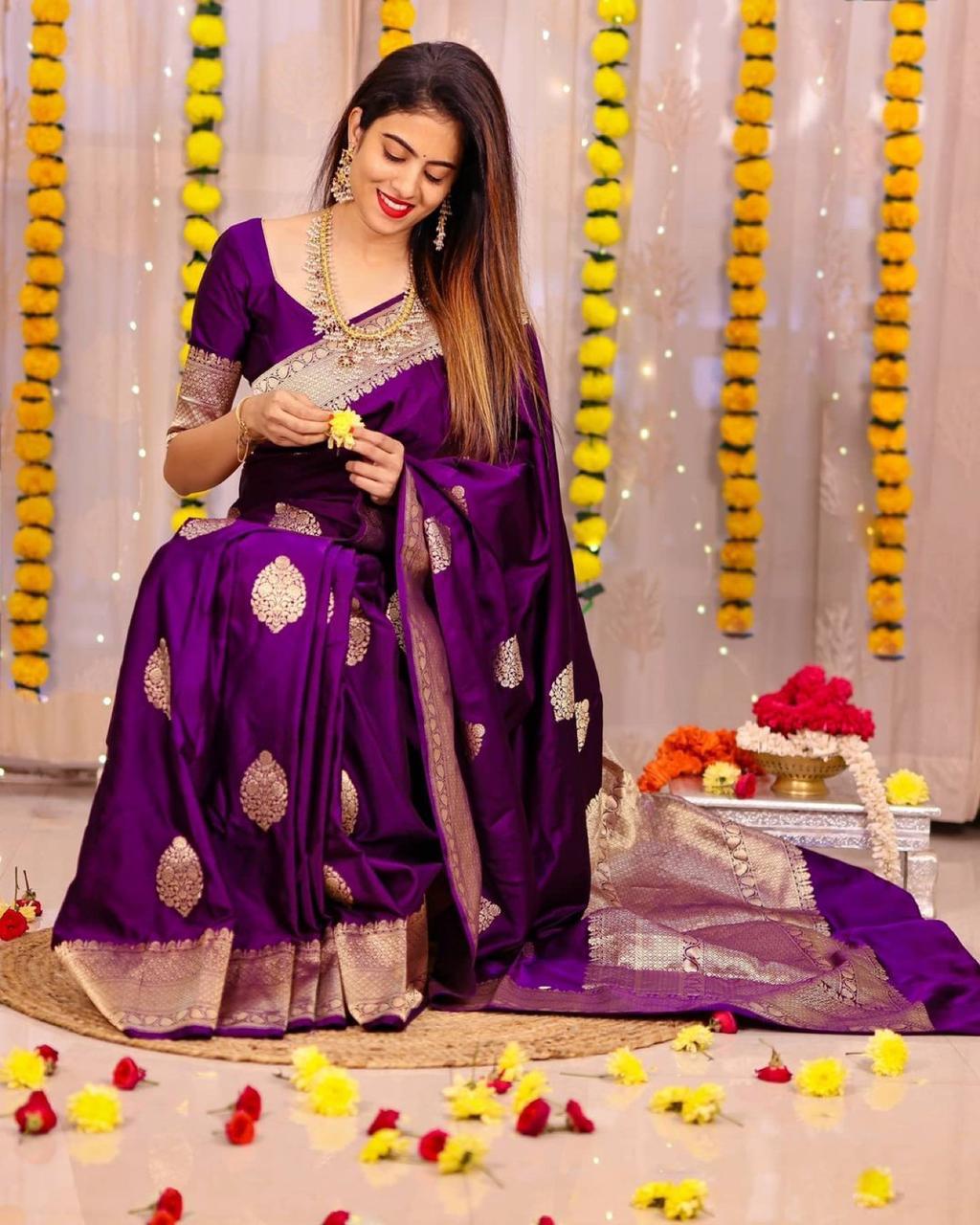 Vestigial Purple Banarasi Silk Saree With Angelic Blouse Piece