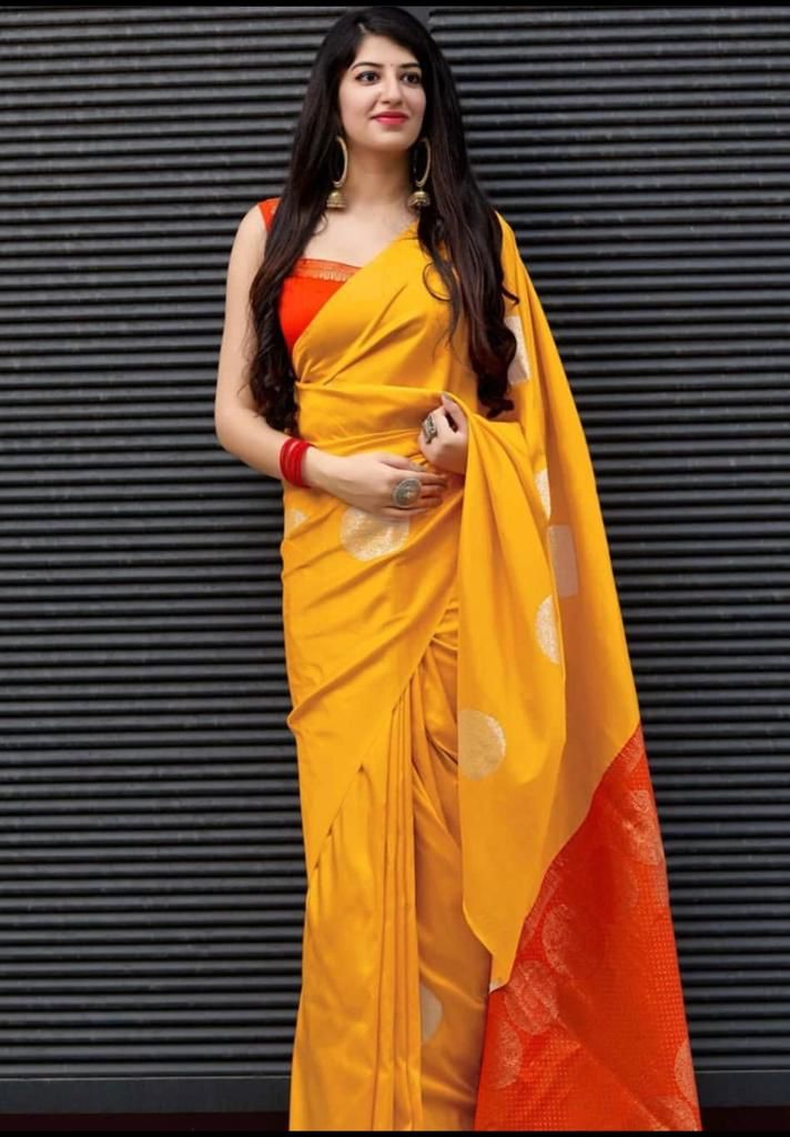 Flattering Yellow Banarasi Silk Saree With Adorable Blouse Piece