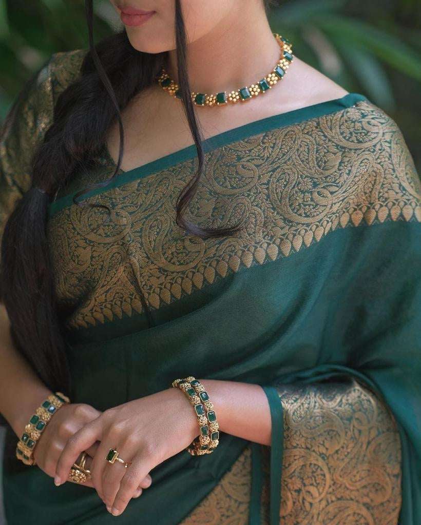 Excellent Dark Green Soft Silk Saree With Classy Blouse Piece
