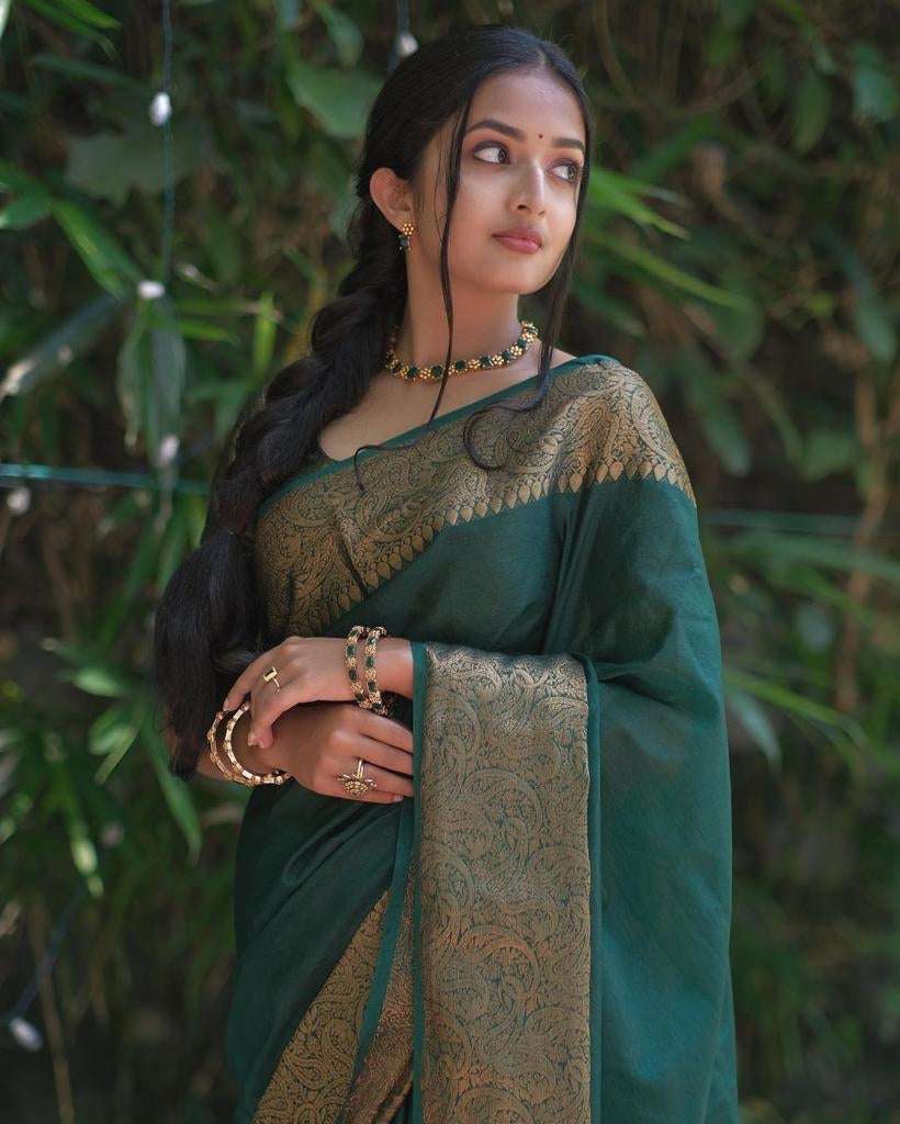 Excellent Dark Green Soft Silk Saree With Classy Blouse Piece