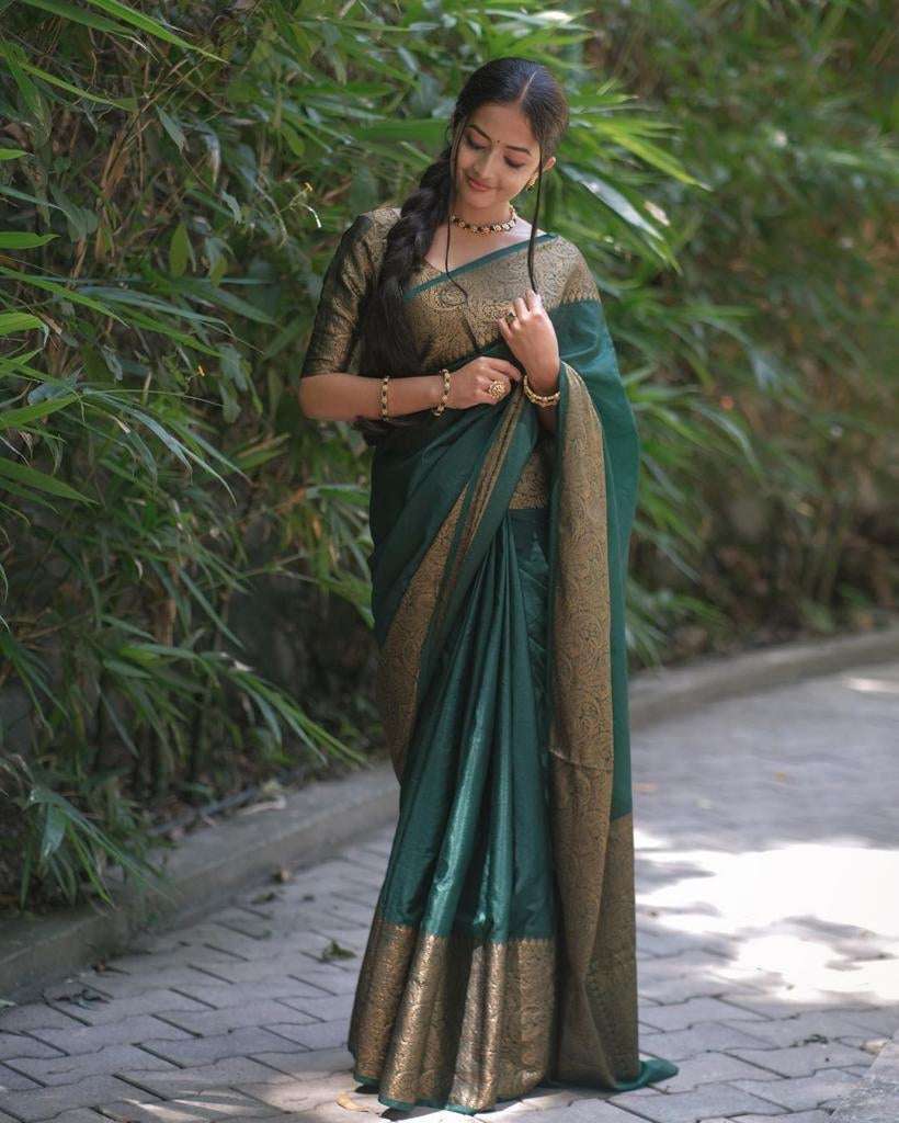 Excellent Dark Green Soft Silk Saree With Classy Blouse Piece