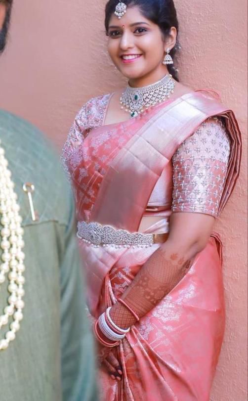 Stylish Pink Banarasi Silk Saree With Unreal Blouse Piece