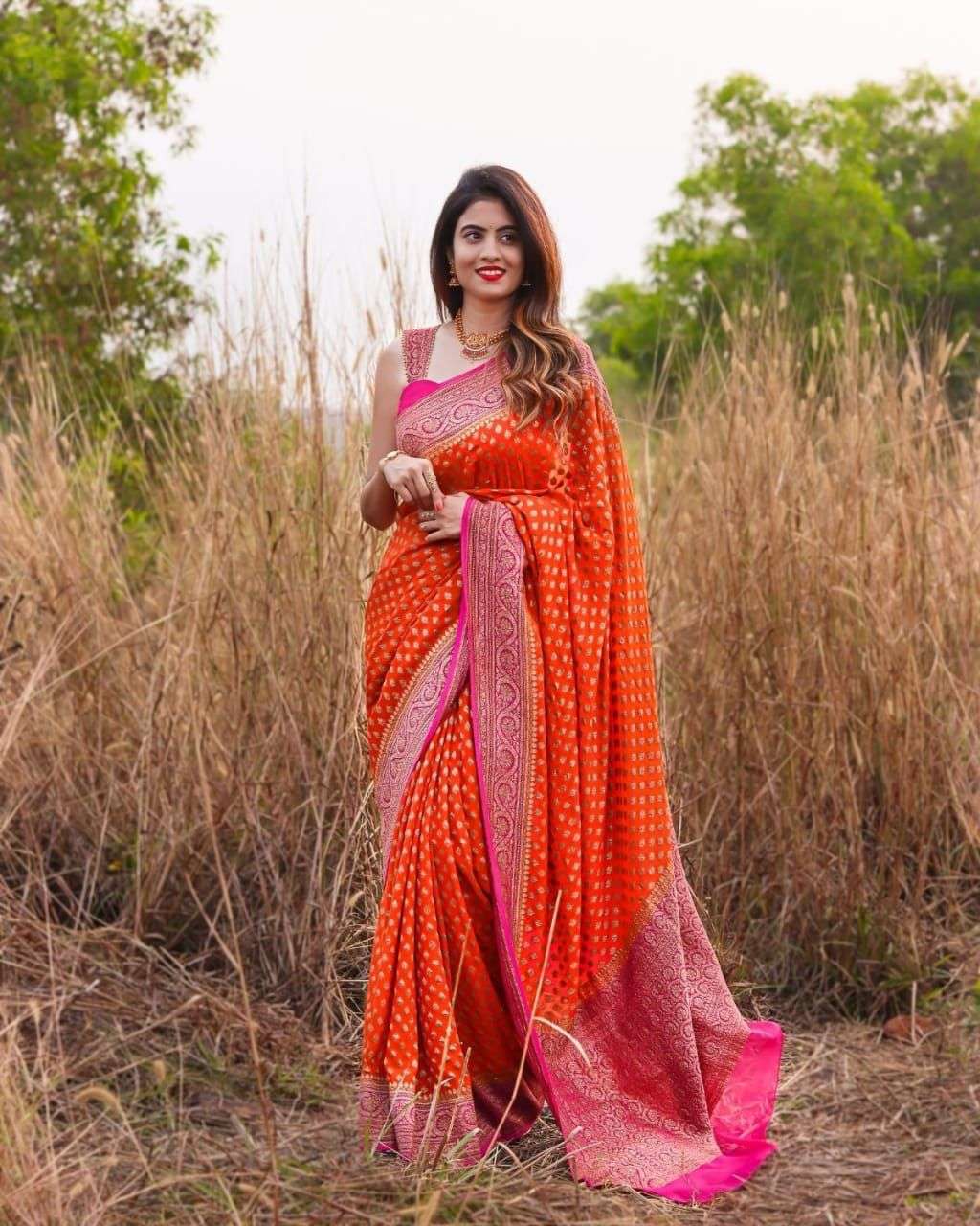 Graceful Orange Banarasi Silk Saree With Sophisticated Blouse Piece