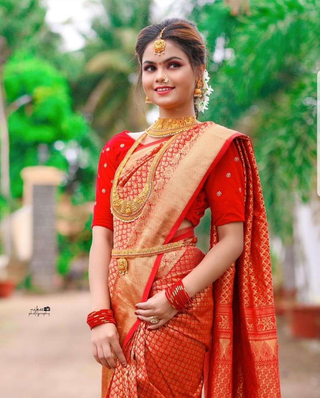 Elegant Red Kanjiravam Silk Saree With Demure Blouse Piece