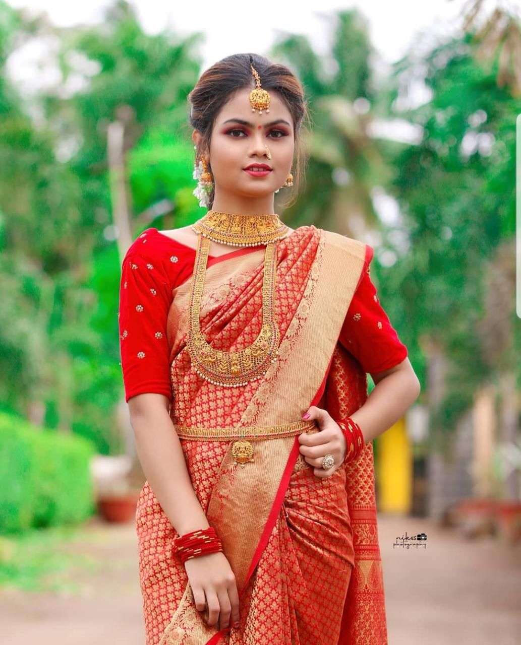 Elegant Red Kanjiravam Silk Saree With Demure Blouse Piece