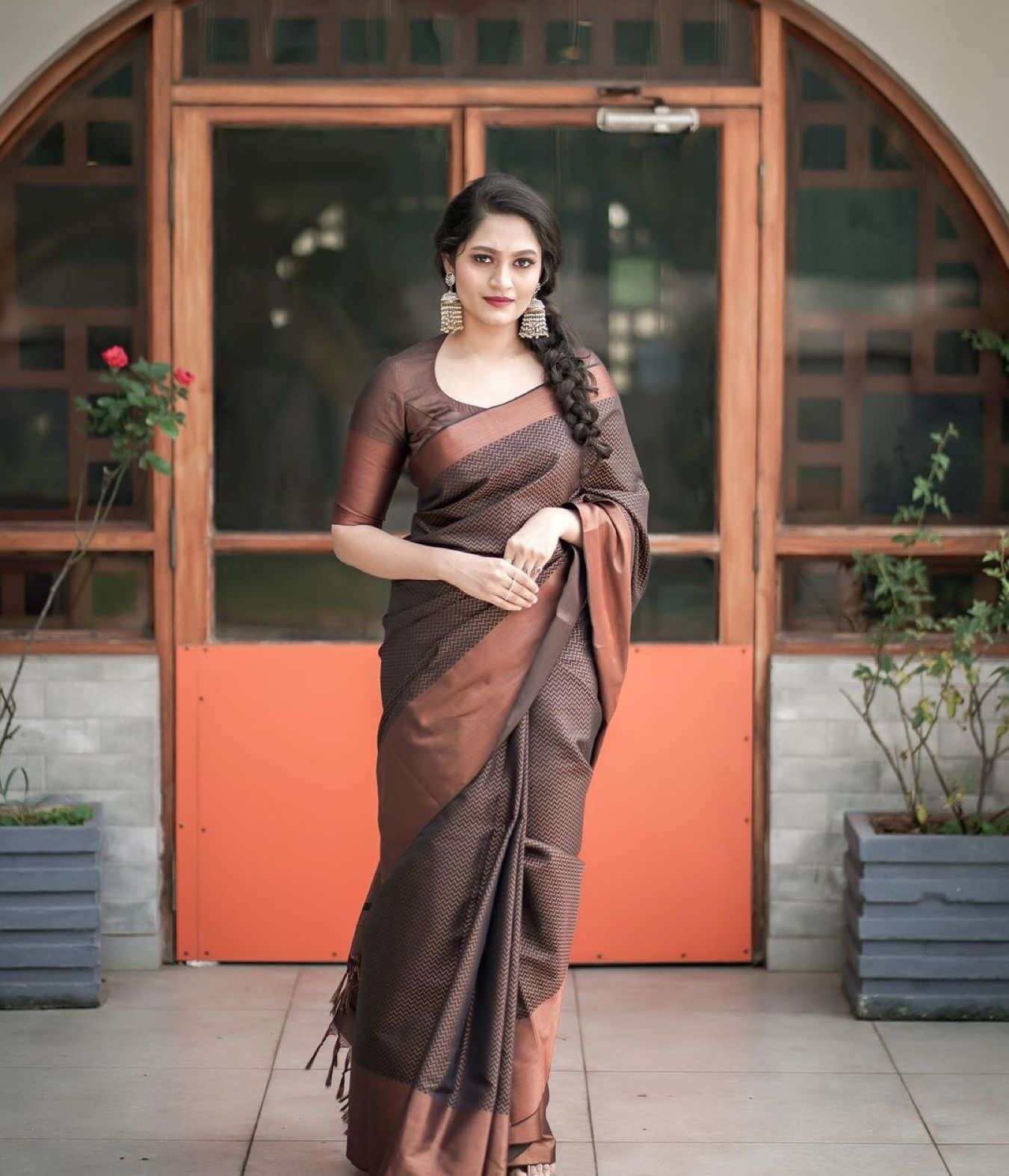 Splendid Brown Soft Silk Saree With Lissome Blouse Piece