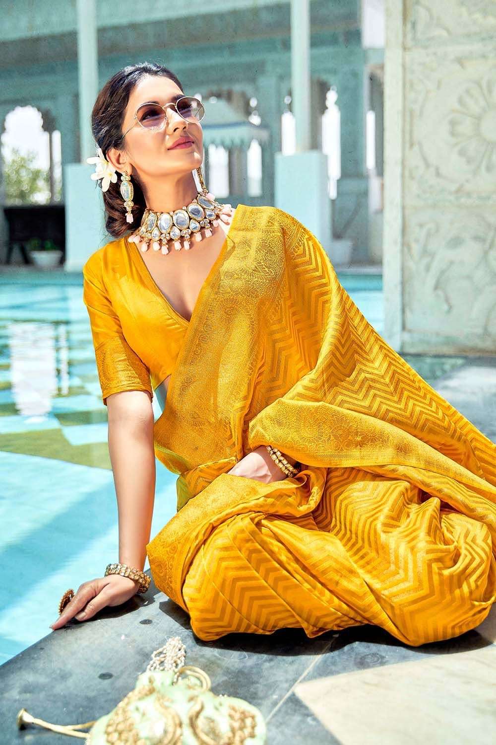 Elegant Yellow Soft Silk Saree With Lissome Blouse Piece