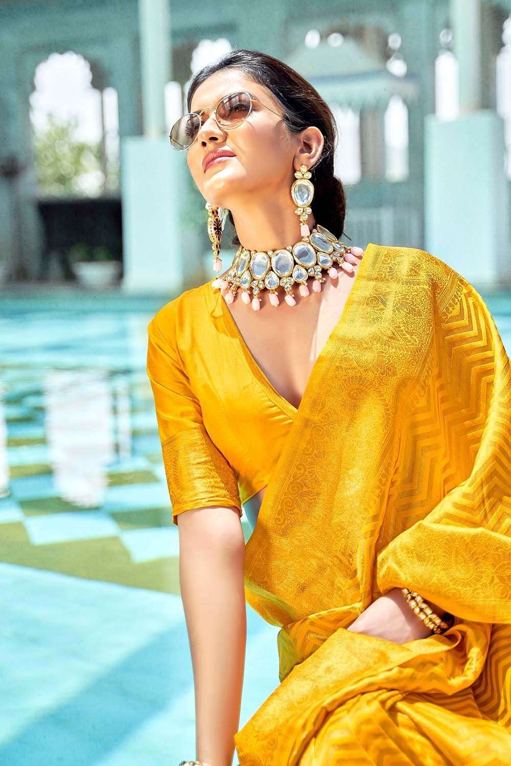 Elegant Yellow Soft Silk Saree With Lissome Blouse Piece