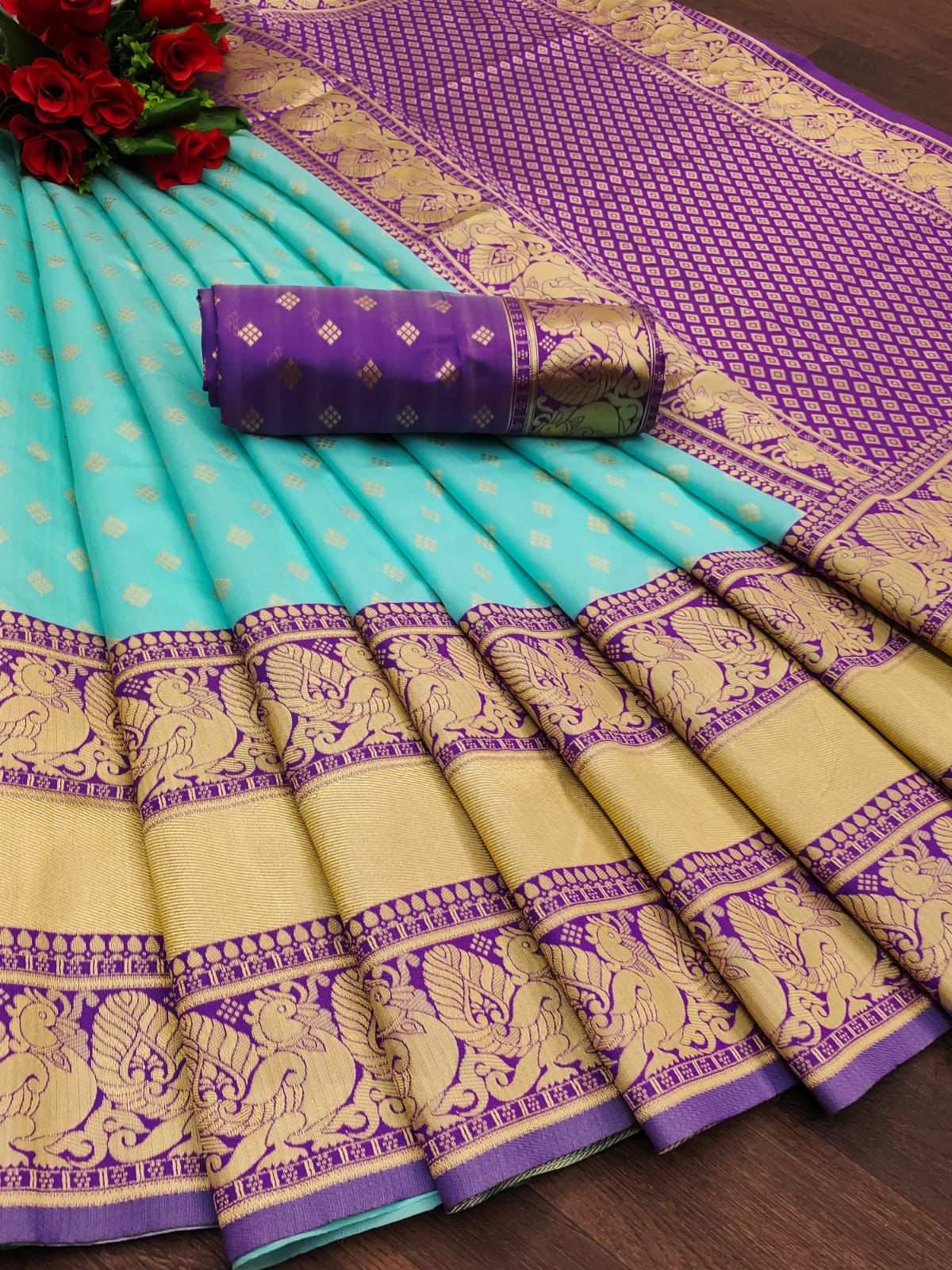 Fashionable Firozi Banarasi Silk Saree With Captivating Blouse Piece