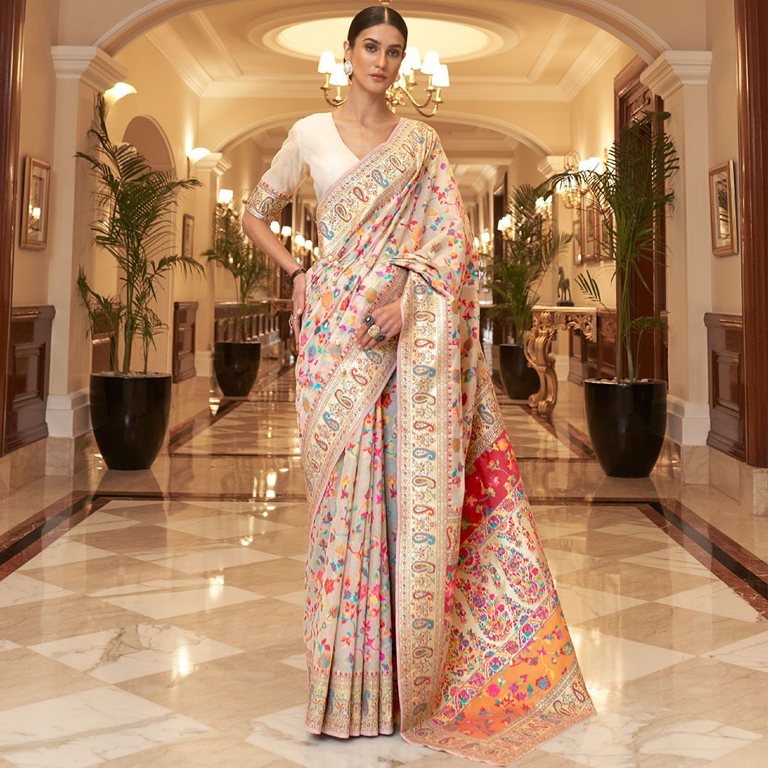 Glittering Beige Kashmiri Weaving Saree With Traditional Blouse Piece