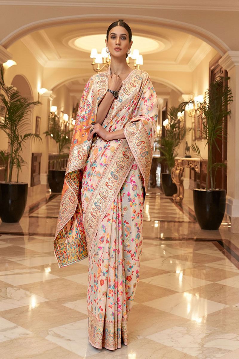 Glittering Beige Kashmiri Weaving Saree With Traditional Blouse Piece