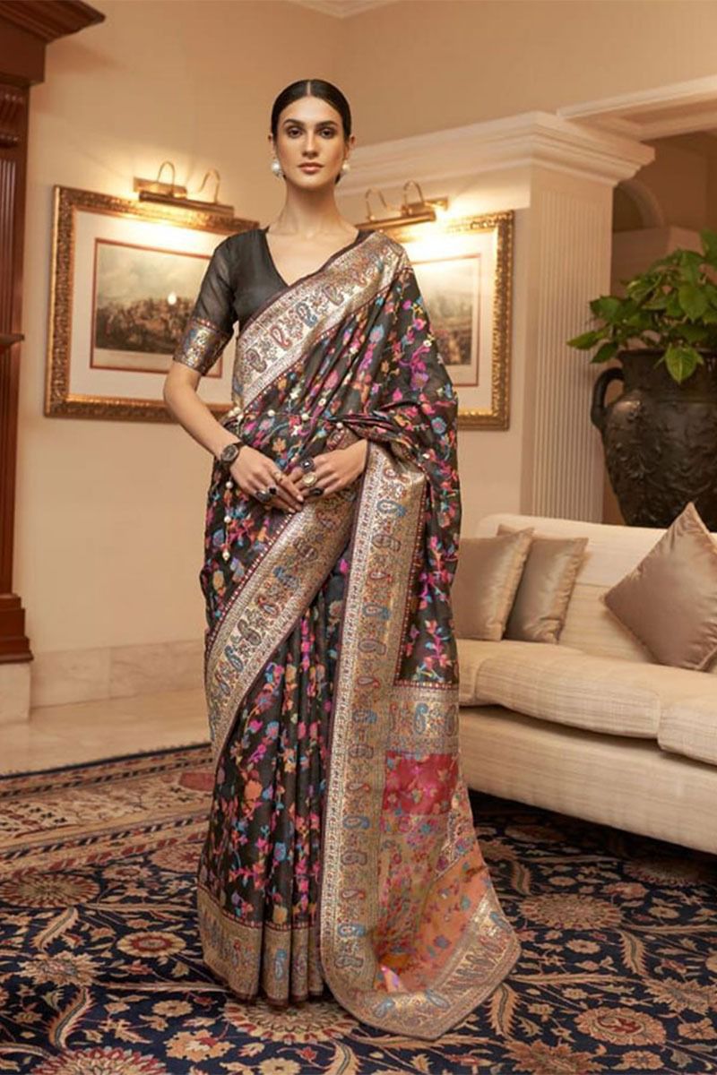 Outstanding Black Kashmiri Weaving Saree With Lovely Blouse Piece