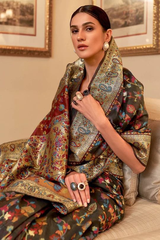Outstanding Black Kashmiri Weaving Saree With Lovely Blouse Piece