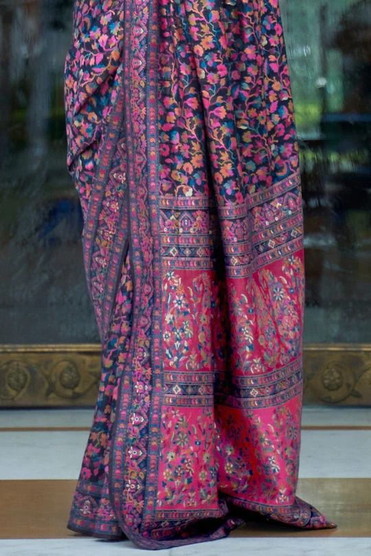 Tempting Blue Kashmiri Weaving Saree With Unique Blouse Piece