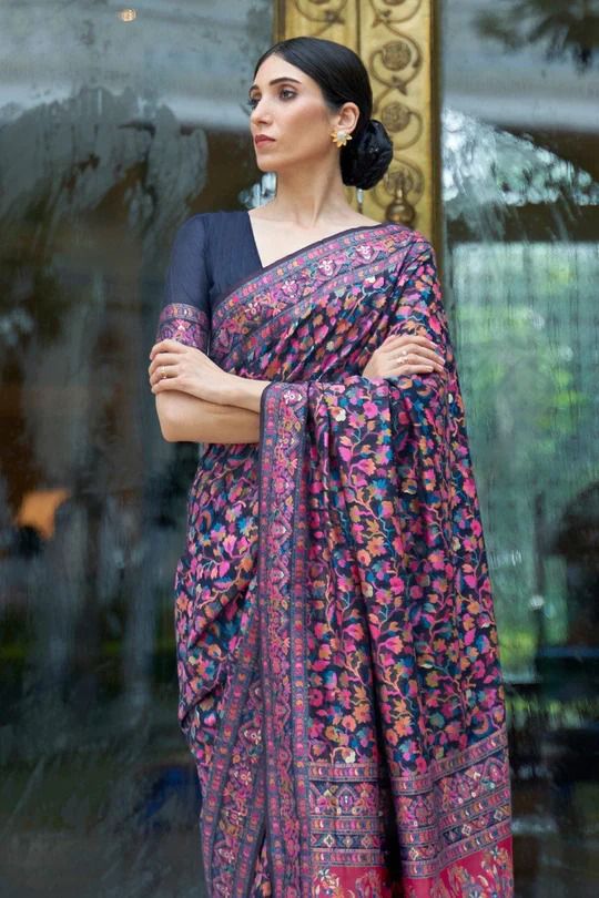 Tempting Blue Kashmiri Weaving Saree With Unique Blouse Piece