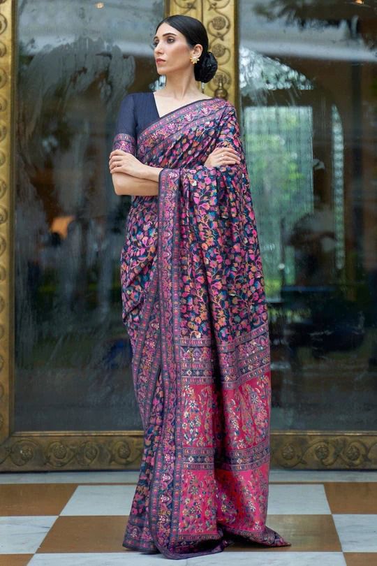 Tempting Blue Kashmiri Weaving Saree With Unique Blouse Piece