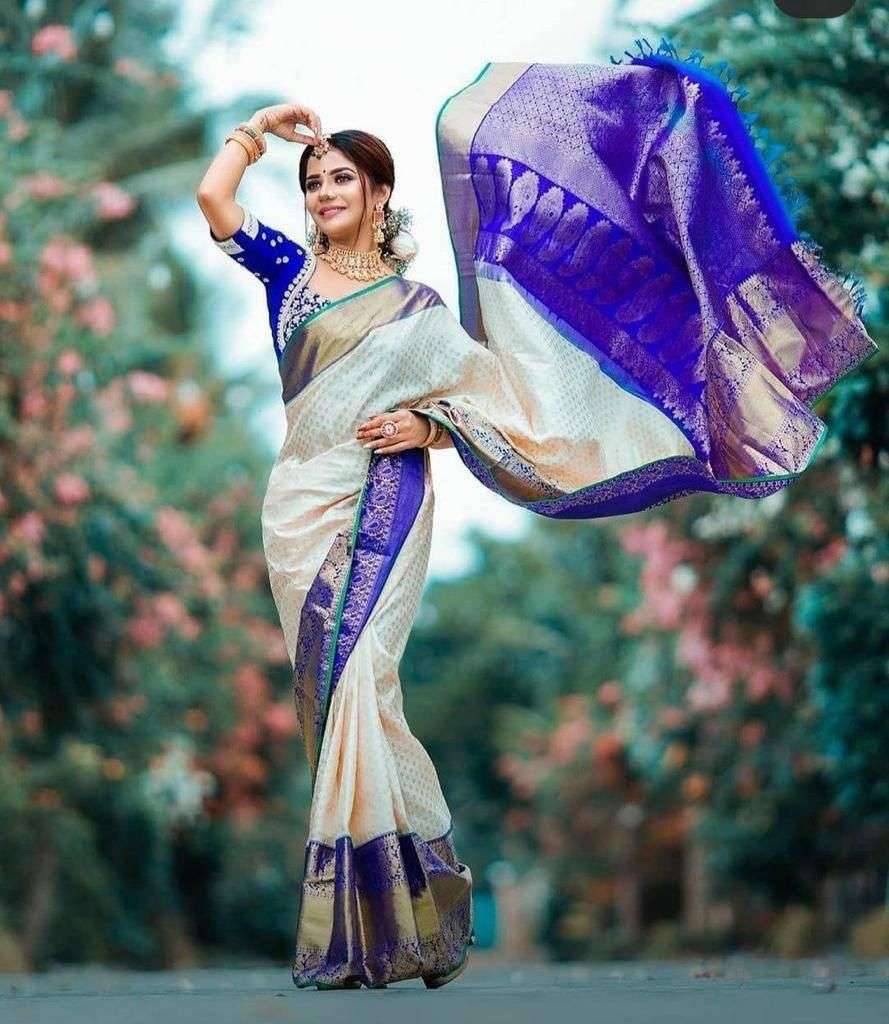 Glamorous Cream Soft Silk Saree With Classy Blouse Piece