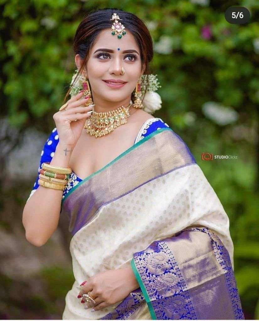 Glamorous Cream Soft Silk Saree With Classy Blouse Piece