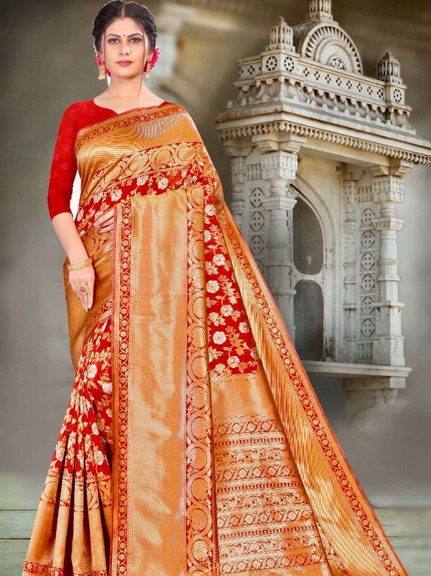 Polished Red Banarasi Silk Saree With Excellent Blouse Piece