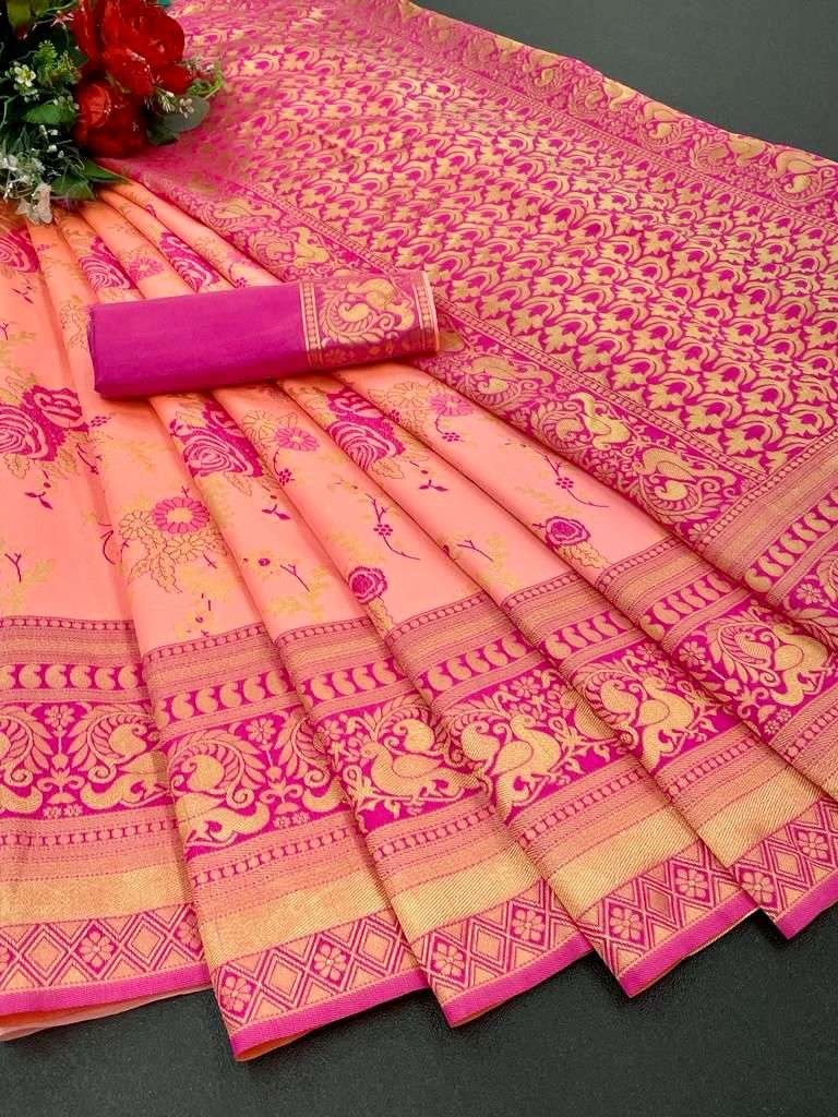 Exclusive Pink Banarasi Silk Saree With Unimpaired Blouse Piece
