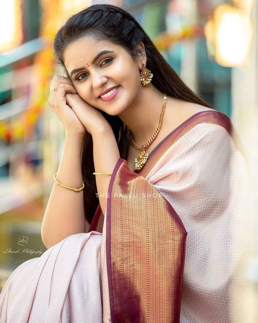 Sparkling Beige Soft Silk Saree With Unique Blouse Piece
