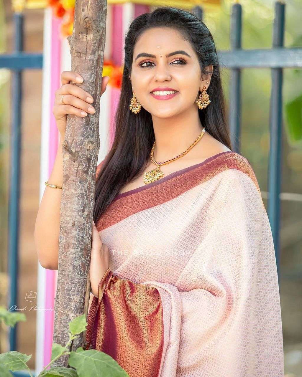 Sparkling Beige Soft Silk Saree With Unique Blouse Piece