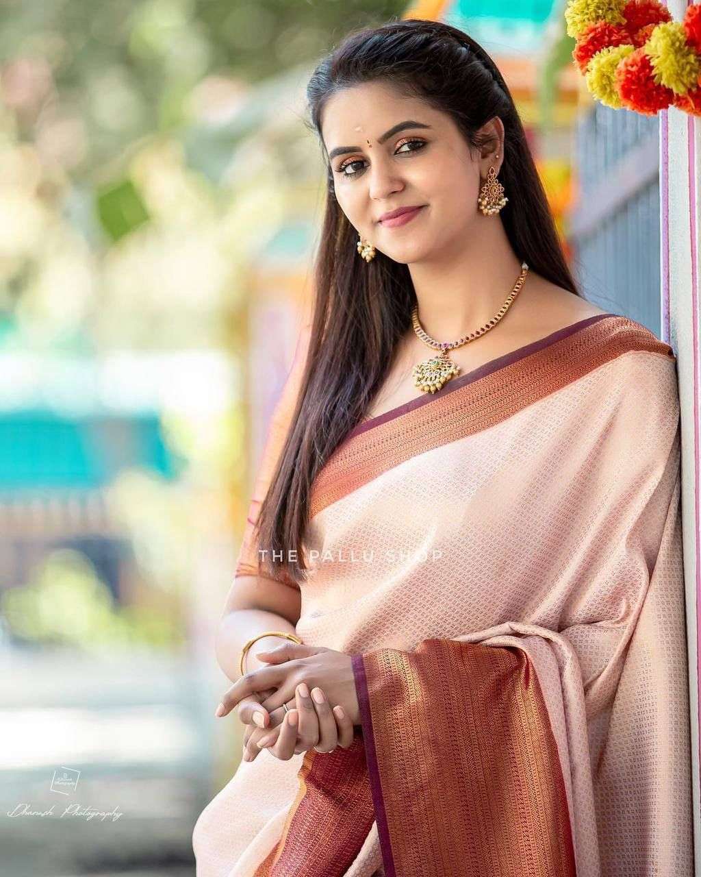 Sparkling Beige Soft Silk Saree With Unique Blouse Piece