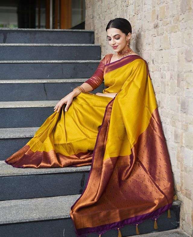 Glorious Golden Soft Silk Saree With Unique Blouse Piece