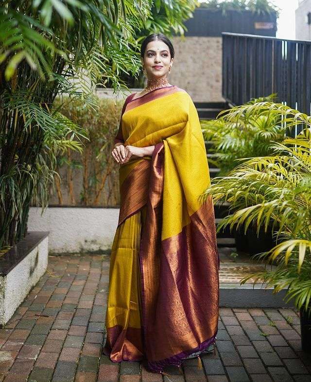 Glorious Golden Soft Silk Saree With Unique Blouse Piece