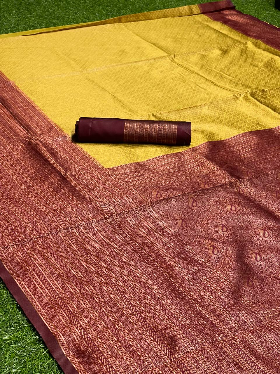 Glorious Golden Soft Silk Saree With Unique Blouse Piece