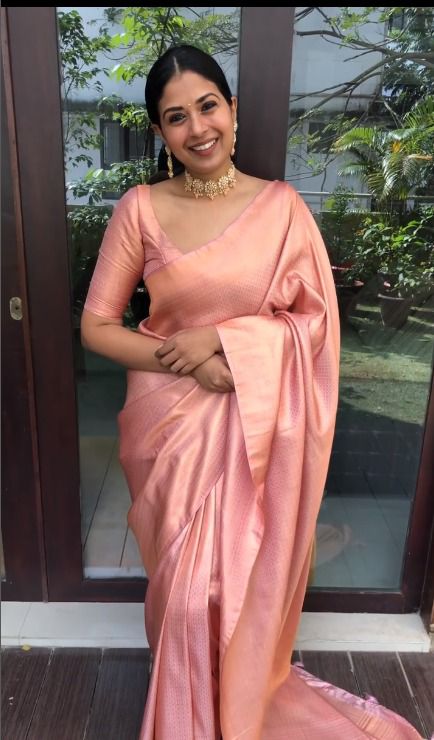 Trendy Peach Soft Silk Saree With Assemblage Blouse Piece
