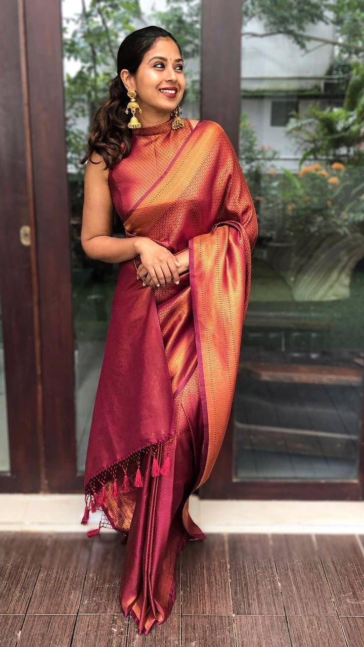 Sumptuous Wine Soft Silk Saree With Stylish Blouse Piece