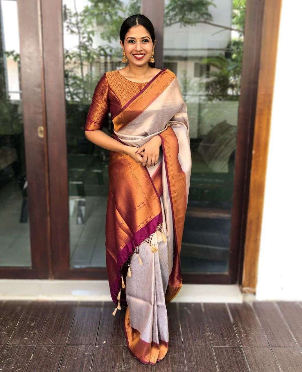 Captivating Beige Soft Silk Saree With Unique Blouse Piece