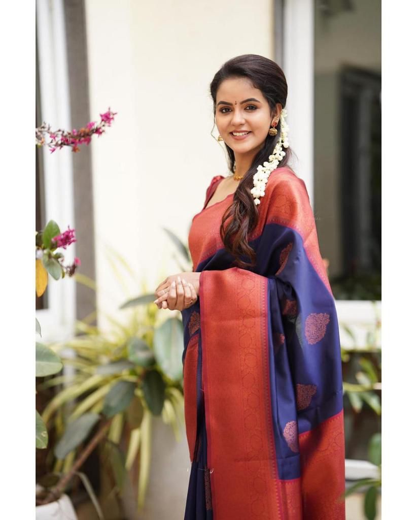 Ailurophile Navy Blue Banarasi Silk Saree With Astonishing Blouse Piece