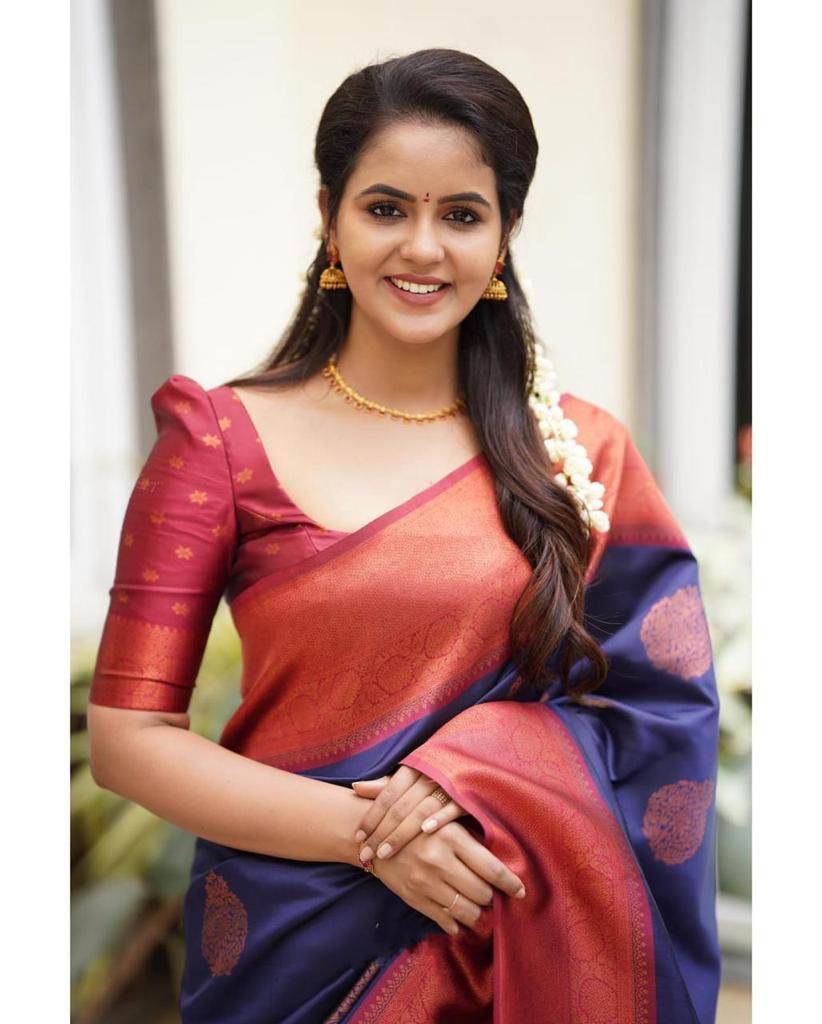 Ailurophile Navy Blue Banarasi Silk Saree With Astonishing Blouse Piece