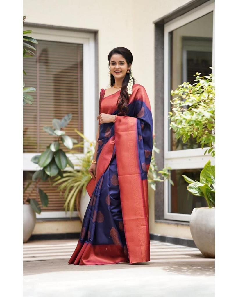 Ailurophile Navy Blue Banarasi Silk Saree With Astonishing Blouse Piece