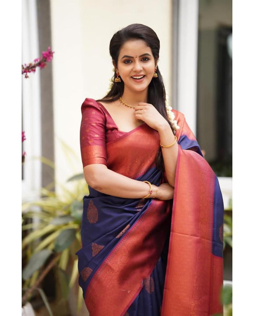 Ailurophile Navy Blue Banarasi Silk Saree With Astonishing Blouse Piece